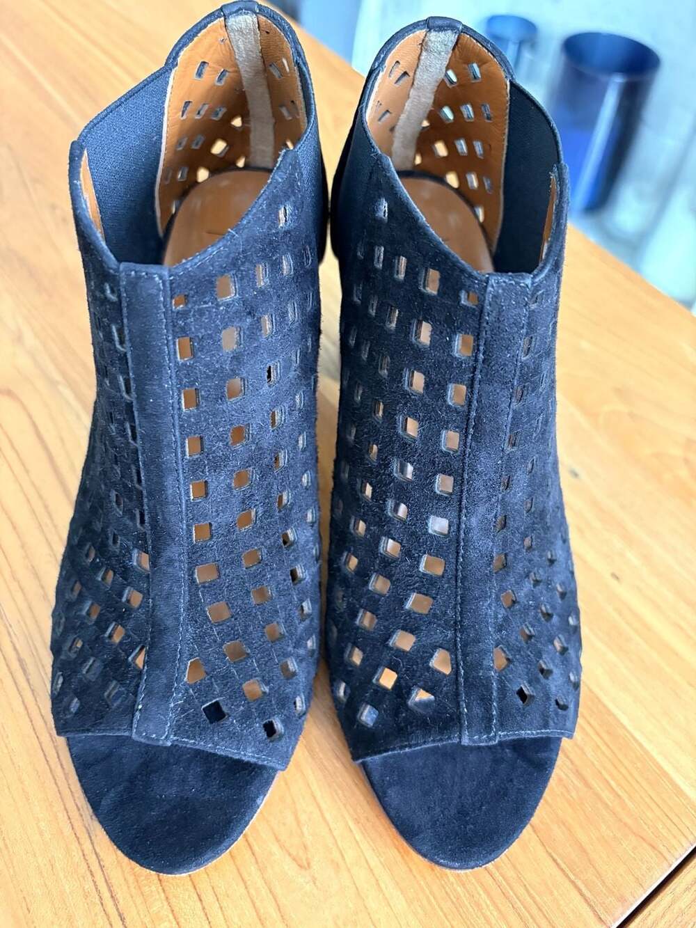 AQUATALIA SHARI PERFORATED BLACK SUEDE PEEP TOE BOOTIES SIZE 5.5